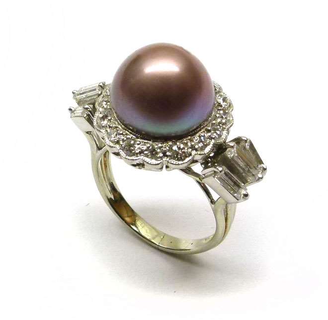 Coloured pearl and diamond cluster ring, central iridescent purplish grey domed pearl, 8.56cts